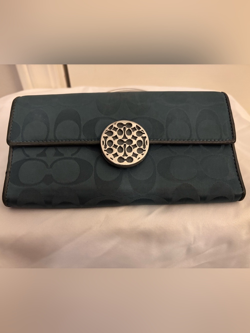 Coach Teal Signature Accordion Wallet with Silver Medallion